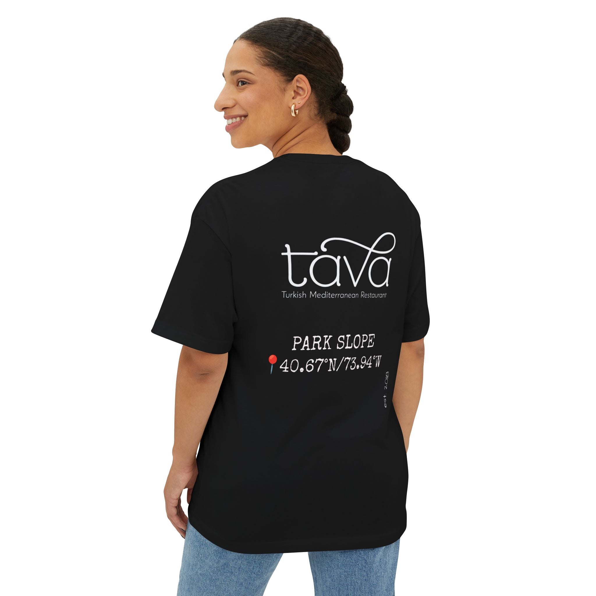 Tee - Tava Park Slope Restaurant Logo & Coordinates Oversized Boxy T‑Shirt